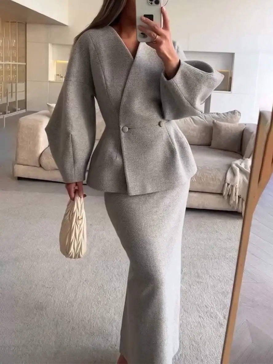 MEWE | Two-Piece Skirt Suit with Puff Sleeve Blazer and V-Neck Detail Mewe London