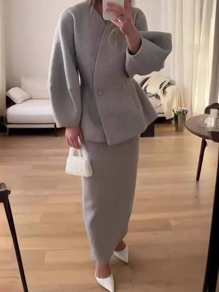 MEWE | Two-Piece Skirt Suit with Puff Sleeve Blazer and V-Neck Detail Mewe London