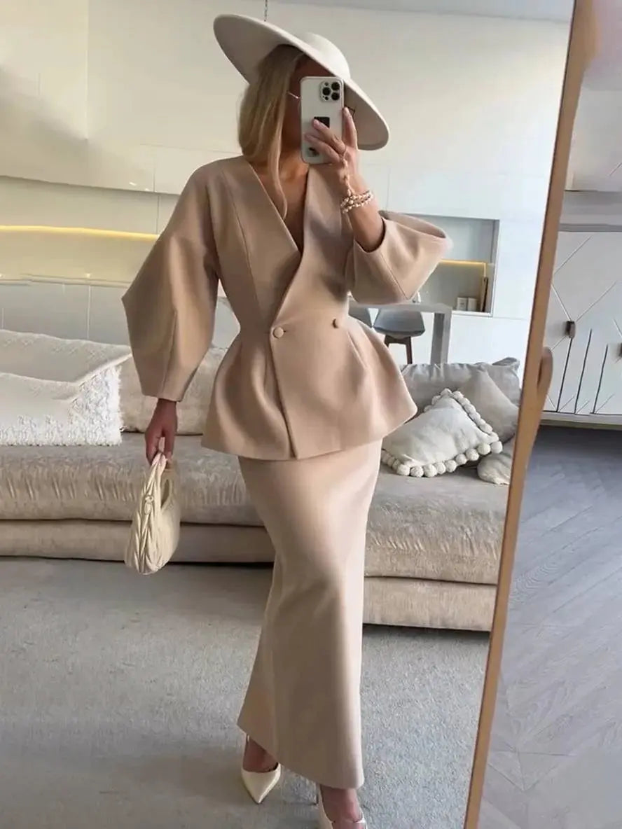 MEWE | Two-Piece Skirt Suit with Puff Sleeve Blazer and V-Neck Detail Mewe London