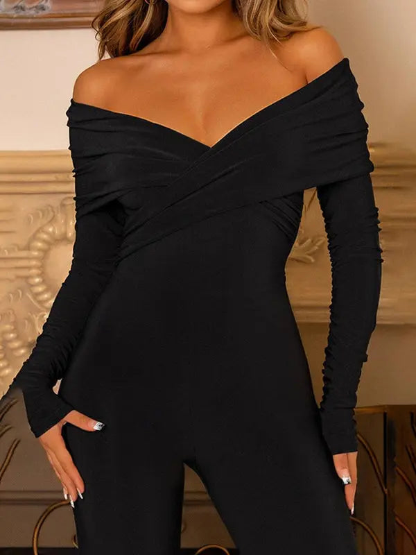 MEWE | V-Neck Crossover Jumpsuit with Long Sleeves and Flared Trousers Mewe London