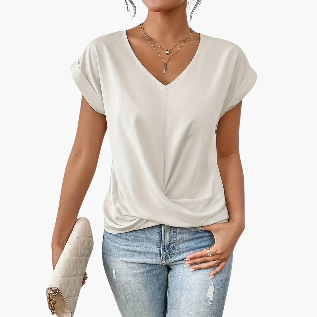 MEWE | V-Neck Drape Front Blouse with Short Sleeves Mewe London