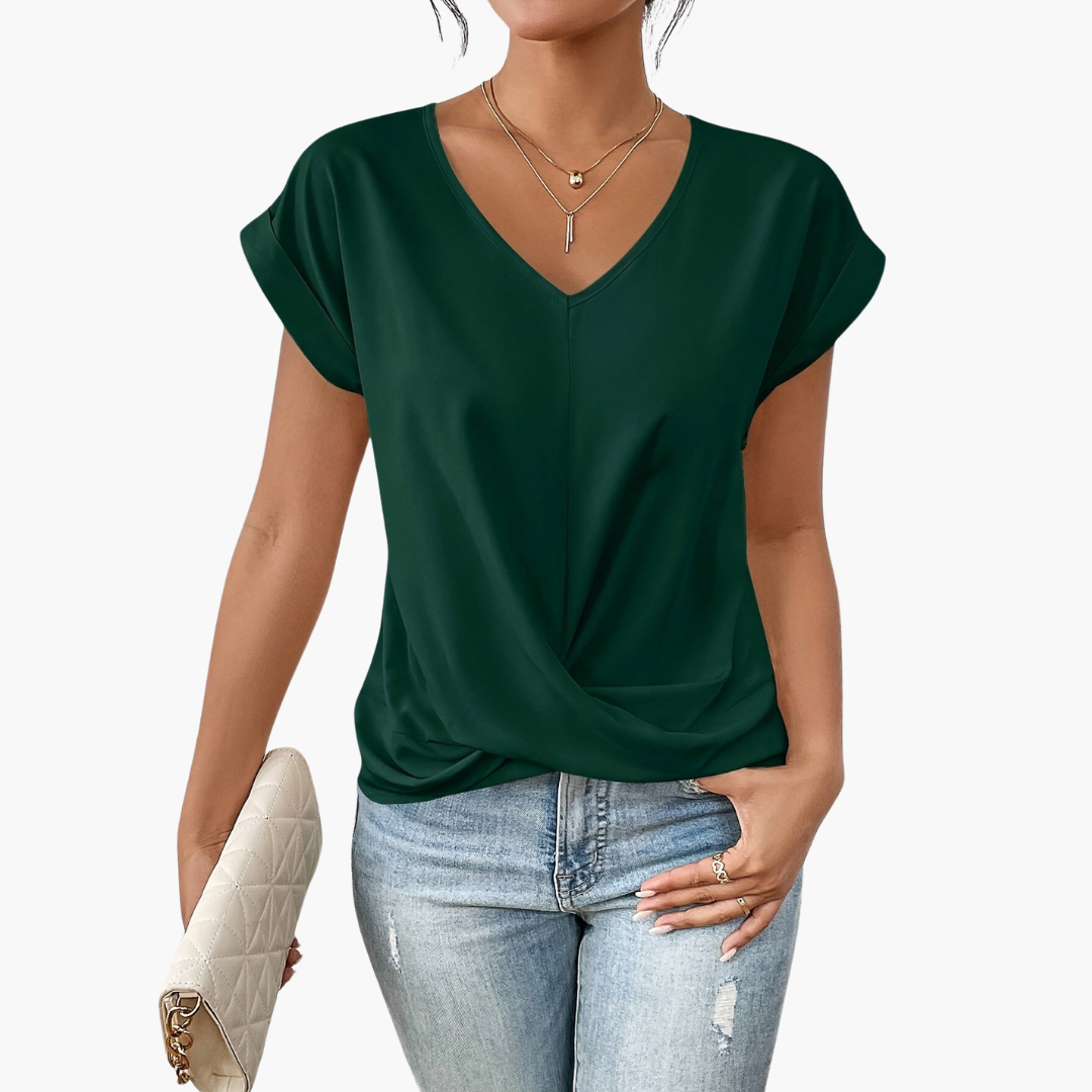MEWE | V-Neck Drape Front Blouse with Short Sleeves Mewe London