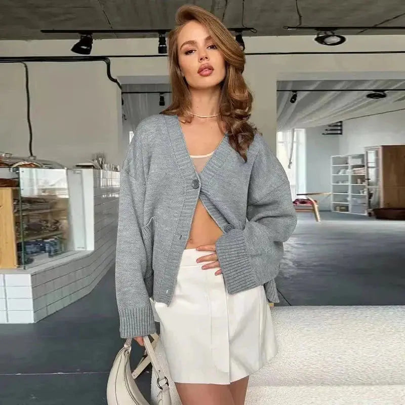 MEWE | V-Neck Knit Cardigan with Button Front and Oversized Fit Mewe London