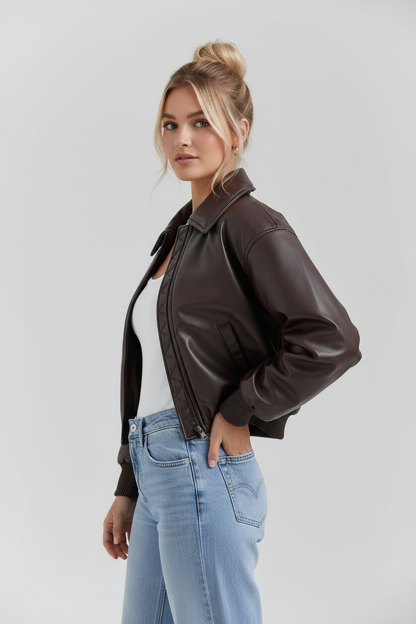 MEWE | Vegan Leather Bomber Jacket with Zip Front and Elastic Hem