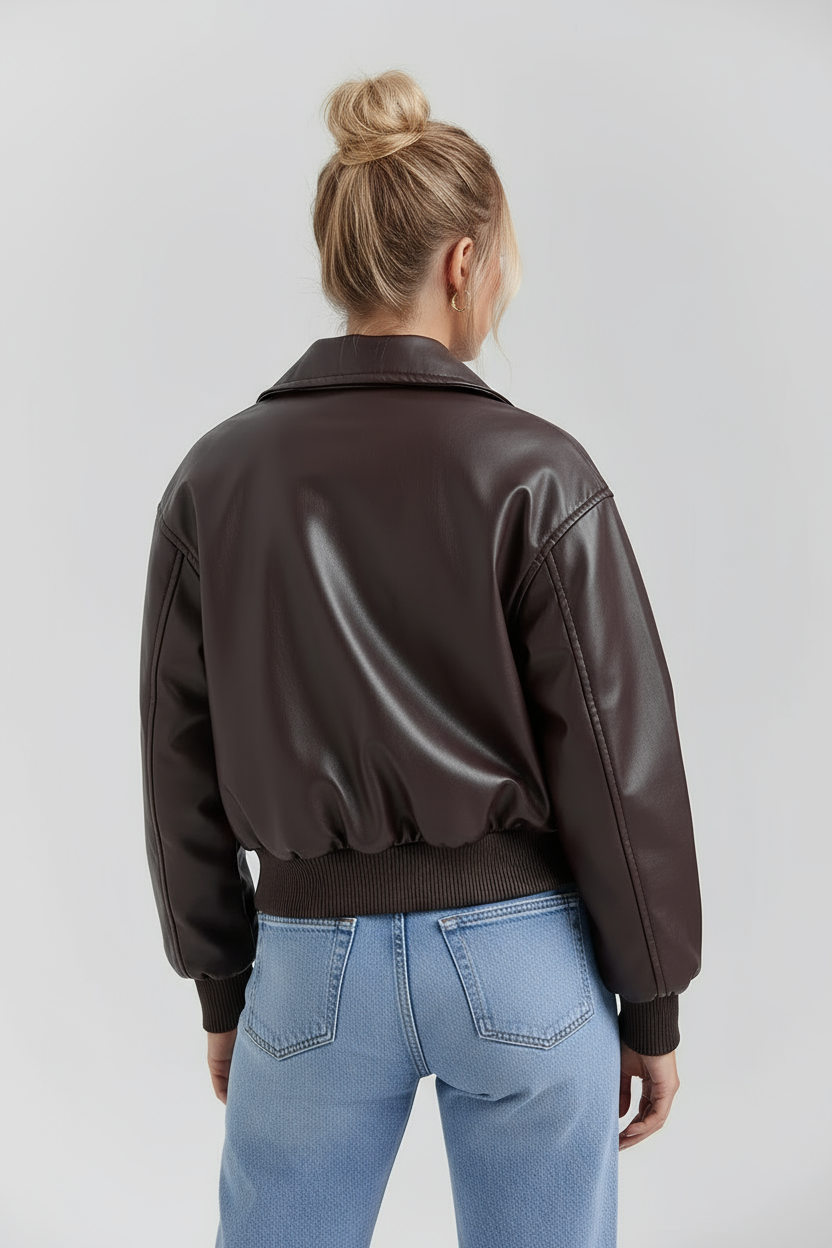 MEWE | Vegan Leather Bomber Jacket with Zip Front and Elastic Hem
