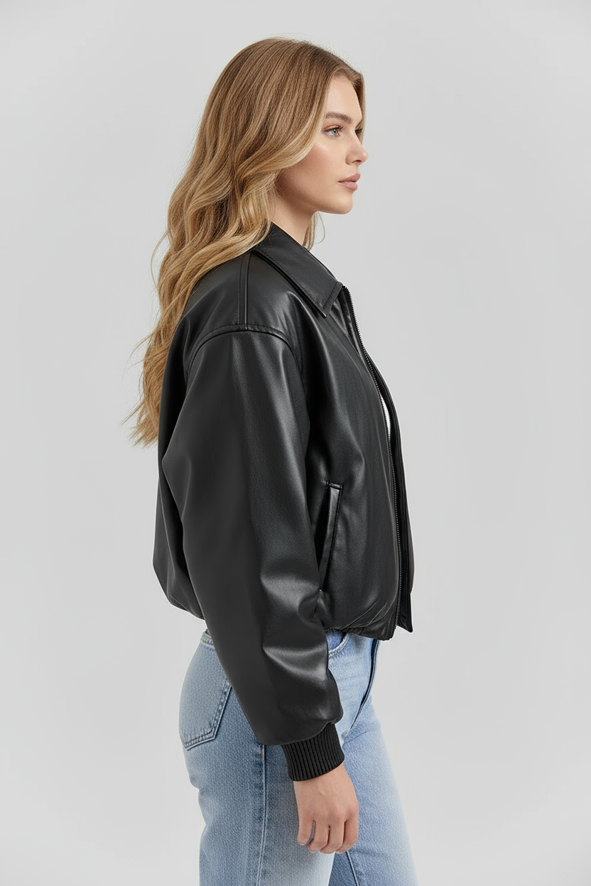 MEWE | Vegan Leather Bomber Jacket with Zip Front and Elastic Hem