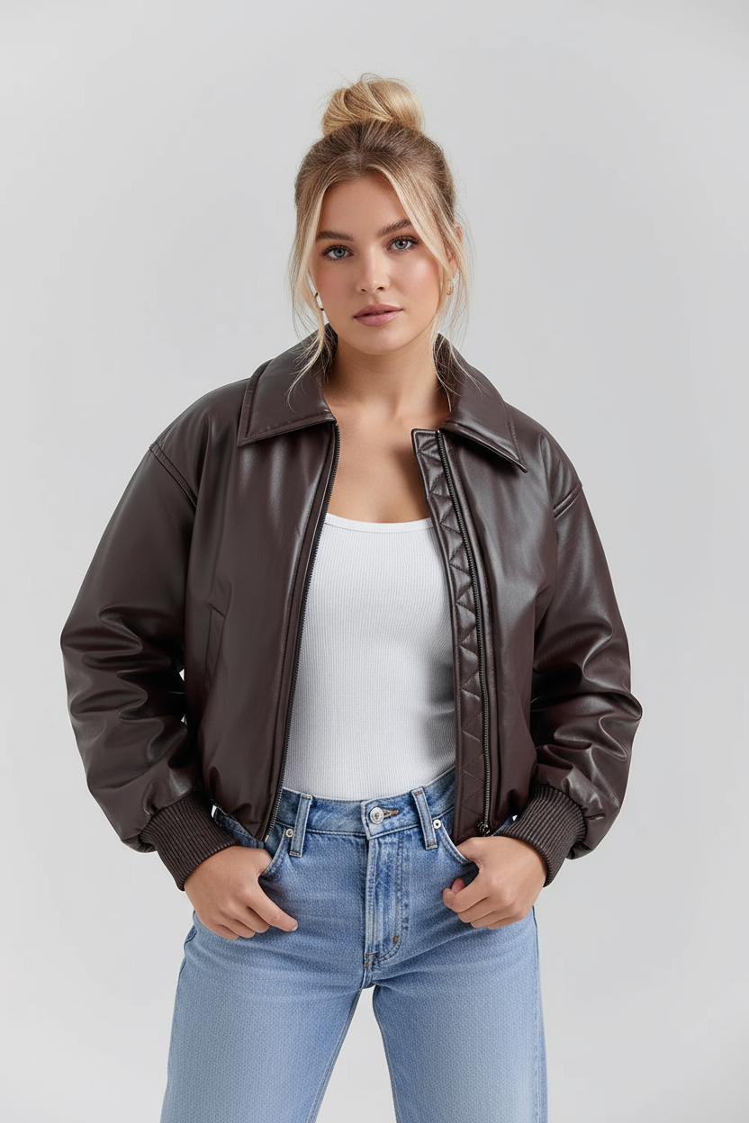 MEWE | Vegan Leather Bomber Jacket with Zip Front and Elastic Hem