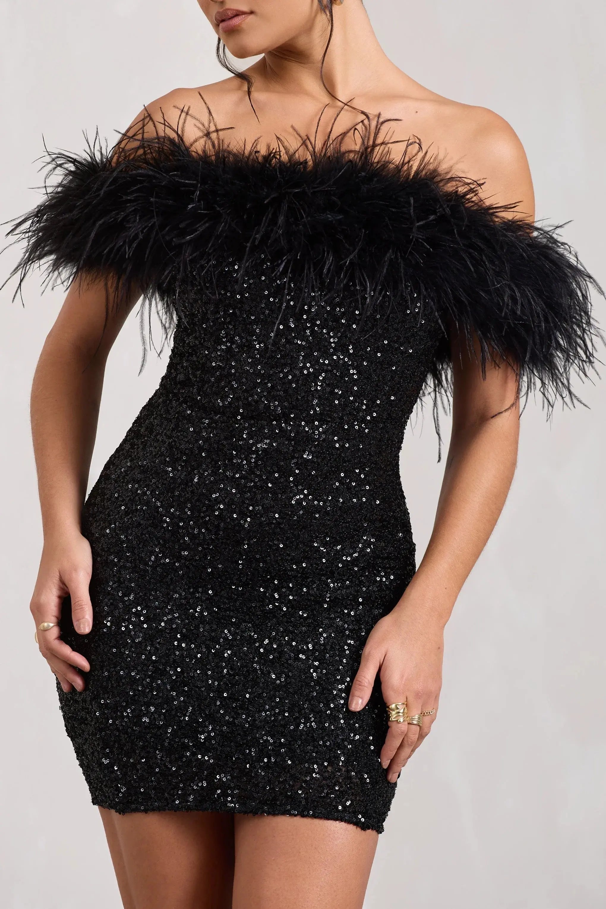 Off-Shoulder Sequin Mini Dress with Feather Trim Detail Mewe London