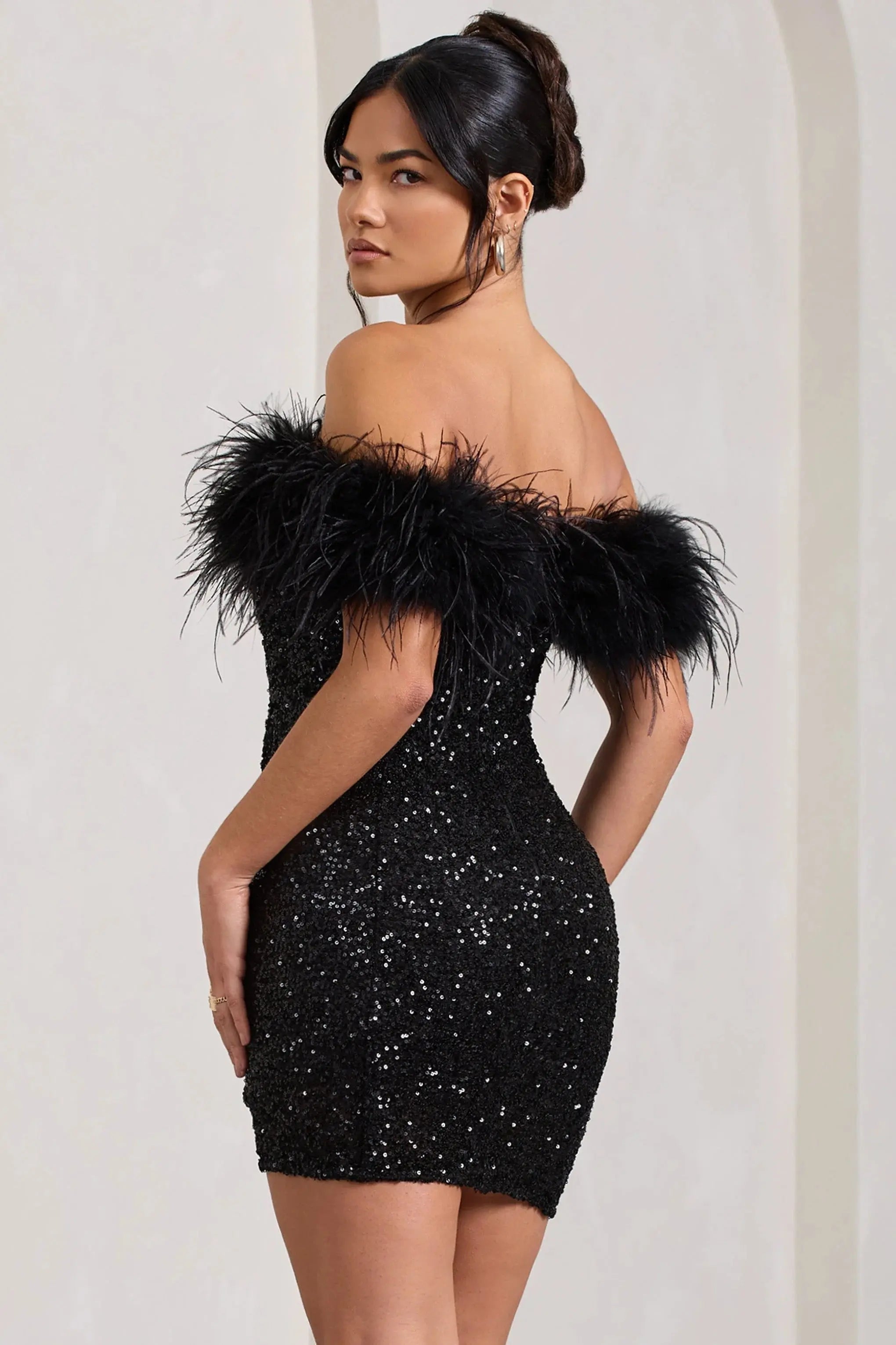 Off-Shoulder Sequin Mini Dress with Feather Trim Detail Mewe London