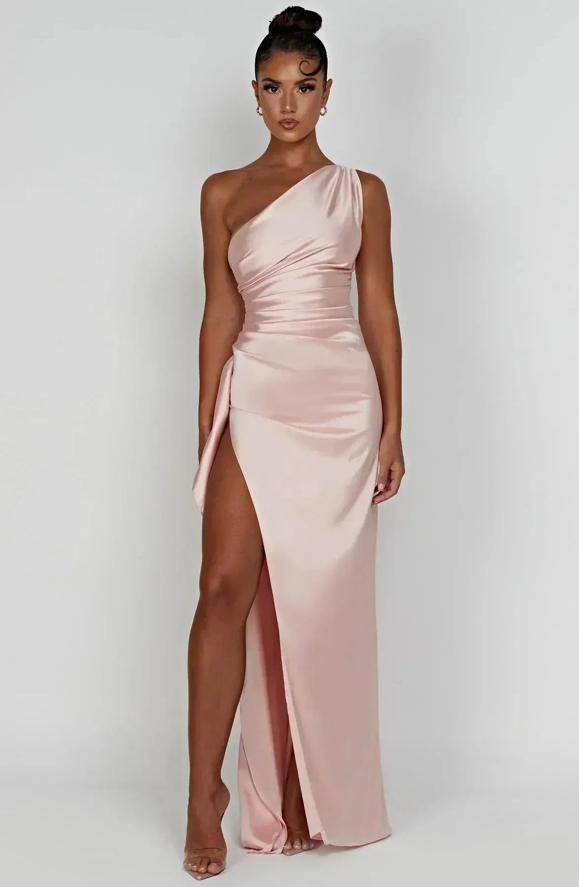One-Shoulder Satin Maxi Dress with Ruched Waist and High Slit