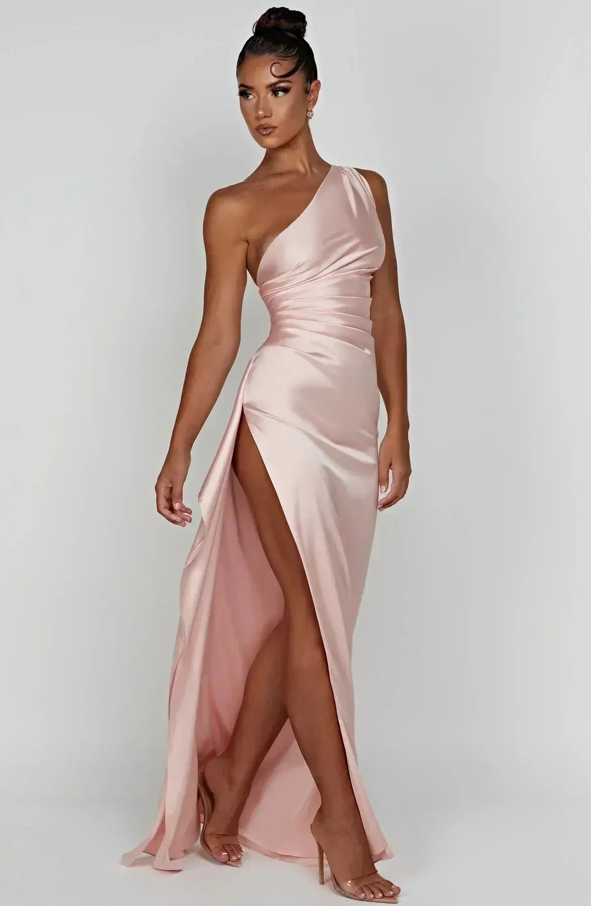 One-Shoulder Satin Maxi Dress with Ruched Waist and High Slit