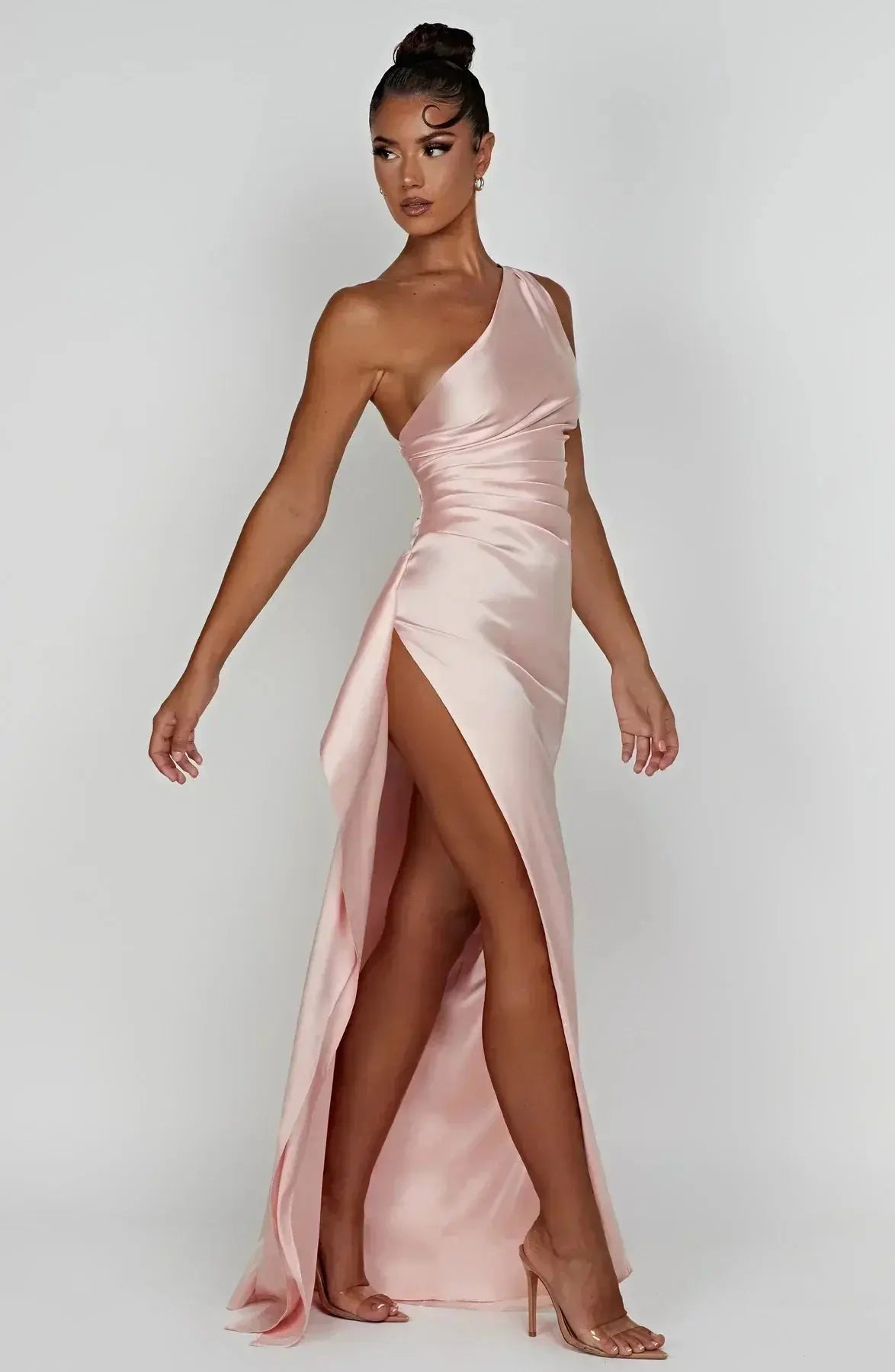 One-Shoulder Satin Maxi Dress with Ruched Waist and High Slit Mewe London