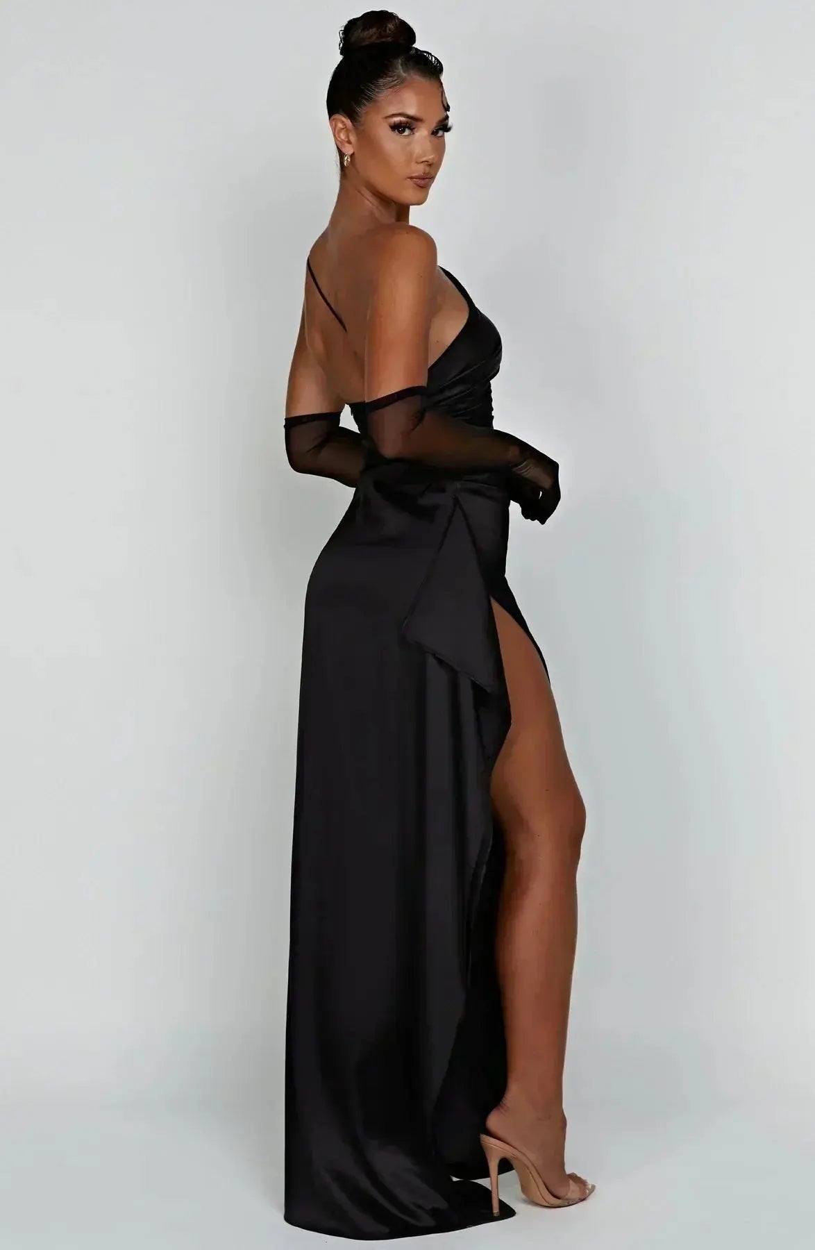 One-Shoulder Satin Maxi Dress with Ruched Waist and High Slit Mewe London