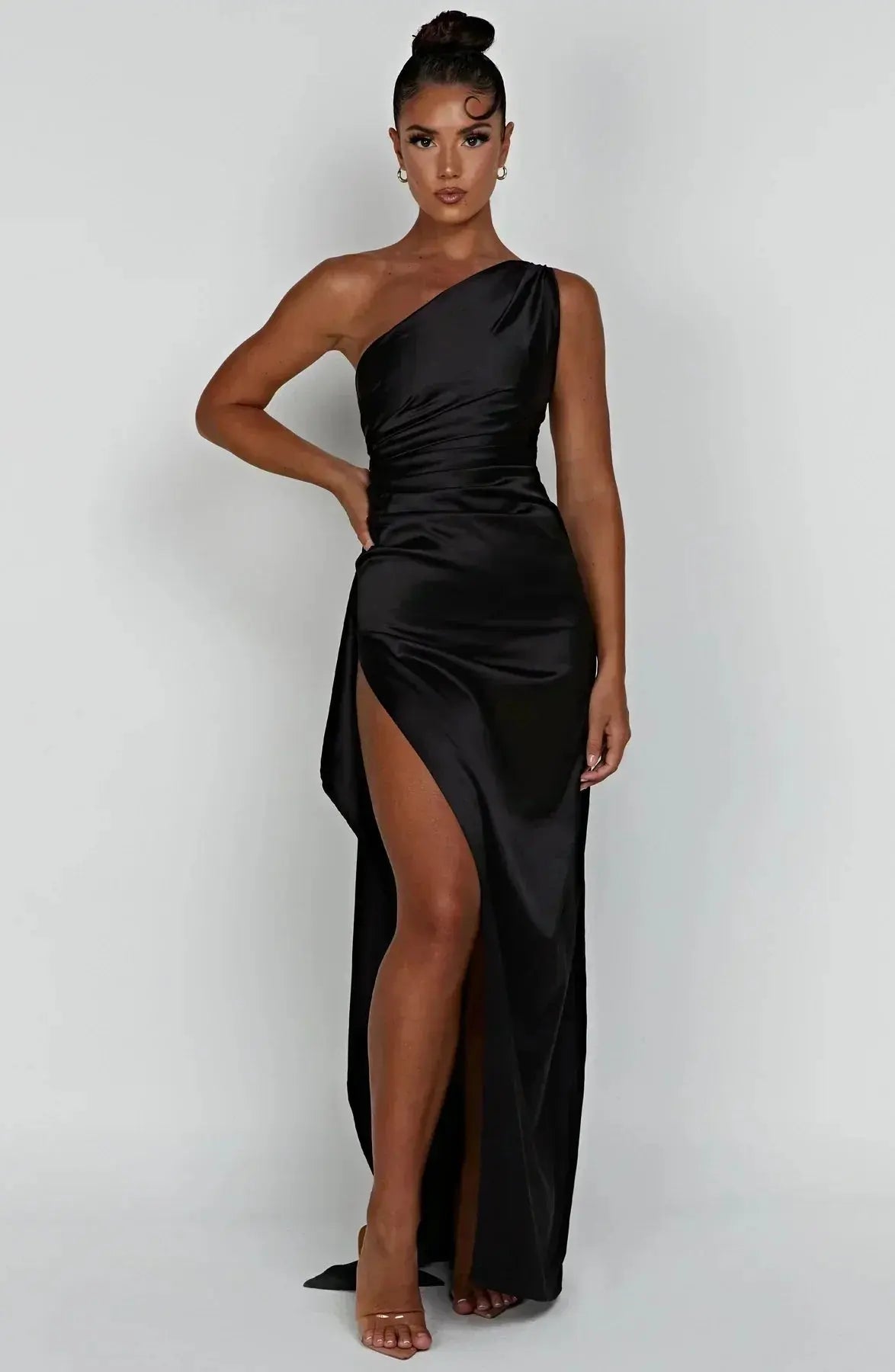 One-Shoulder Satin Maxi Dress with Ruched Waist and High Slit