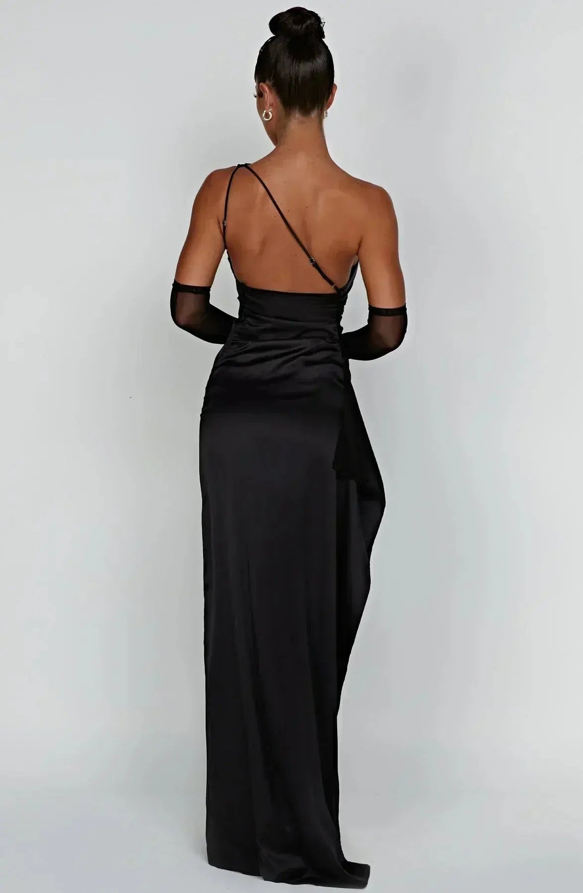 One-Shoulder Satin Maxi Dress with Ruched Waist and High Slit Mewe London
