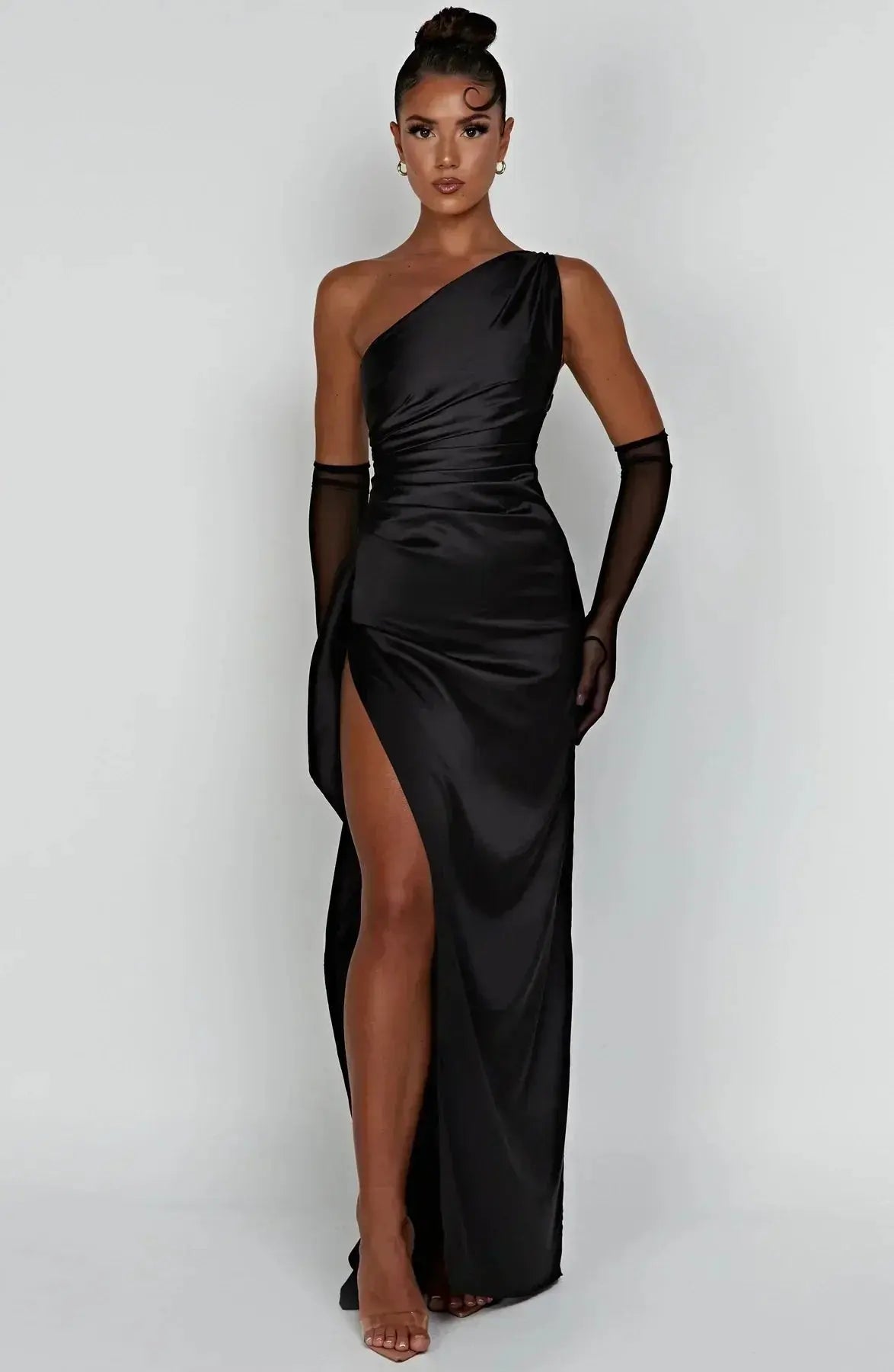 One-Shoulder Satin Maxi Dress with Ruched Waist and High Slit