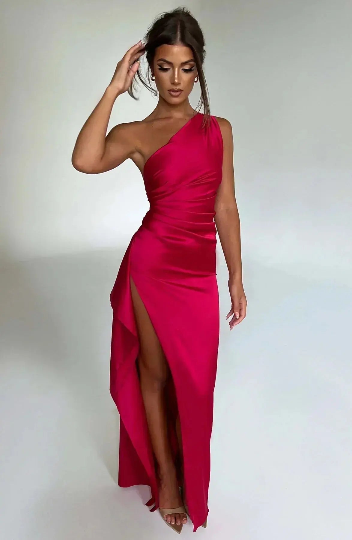 One-Shoulder Satin Maxi Dress with Ruched Waist and High Slit
