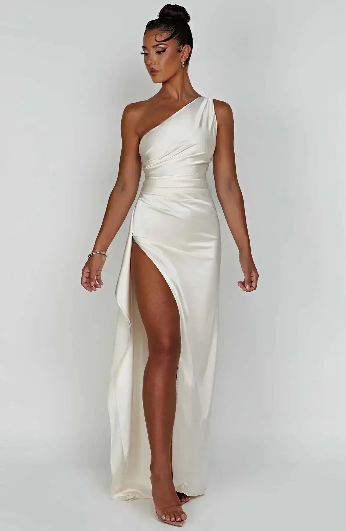 One-Shoulder Satin Maxi Dress with Ruched Waist and High Slit