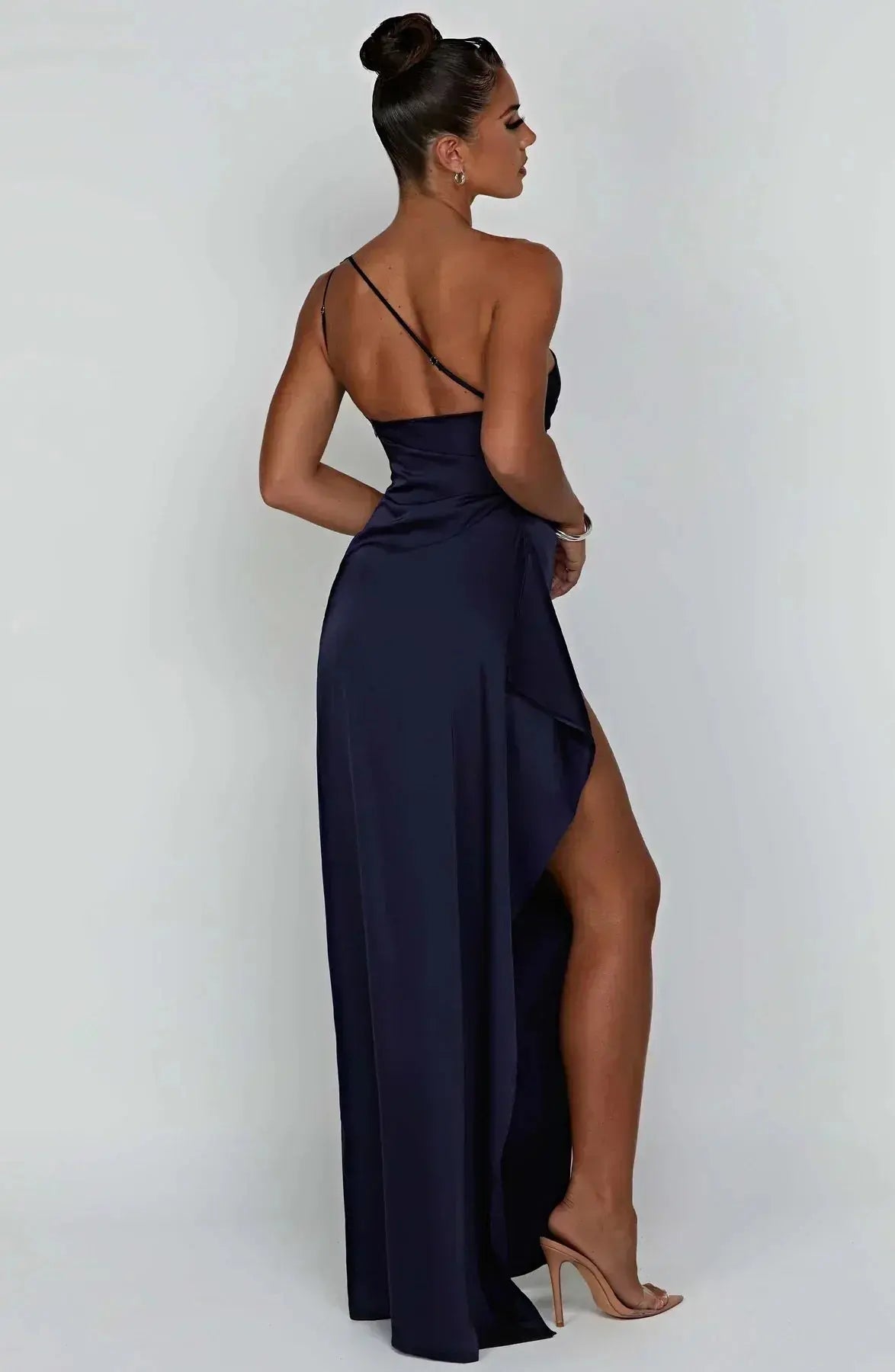 One-Shoulder Satin Maxi Dress with Ruched Waist and High Slit Mewe London