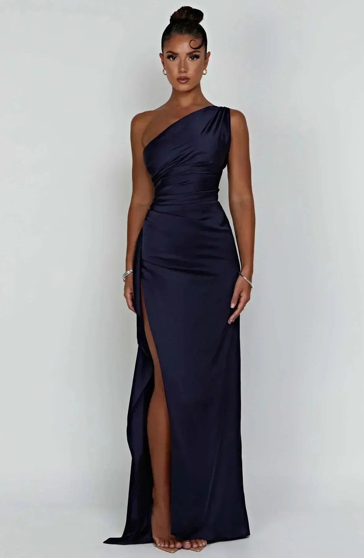 One-Shoulder Satin Maxi Dress with Ruched Waist and High Slit Mewe London