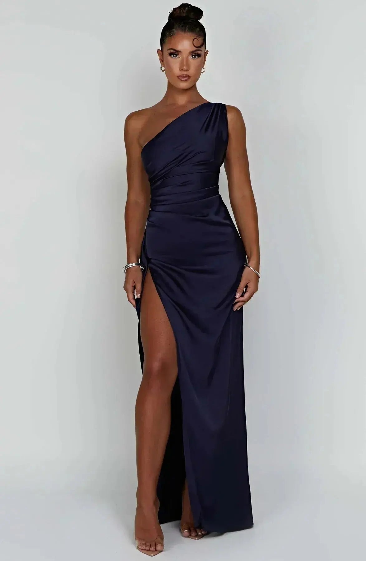 One-Shoulder Satin Maxi Dress with Ruched Waist and High Slit Mewe London