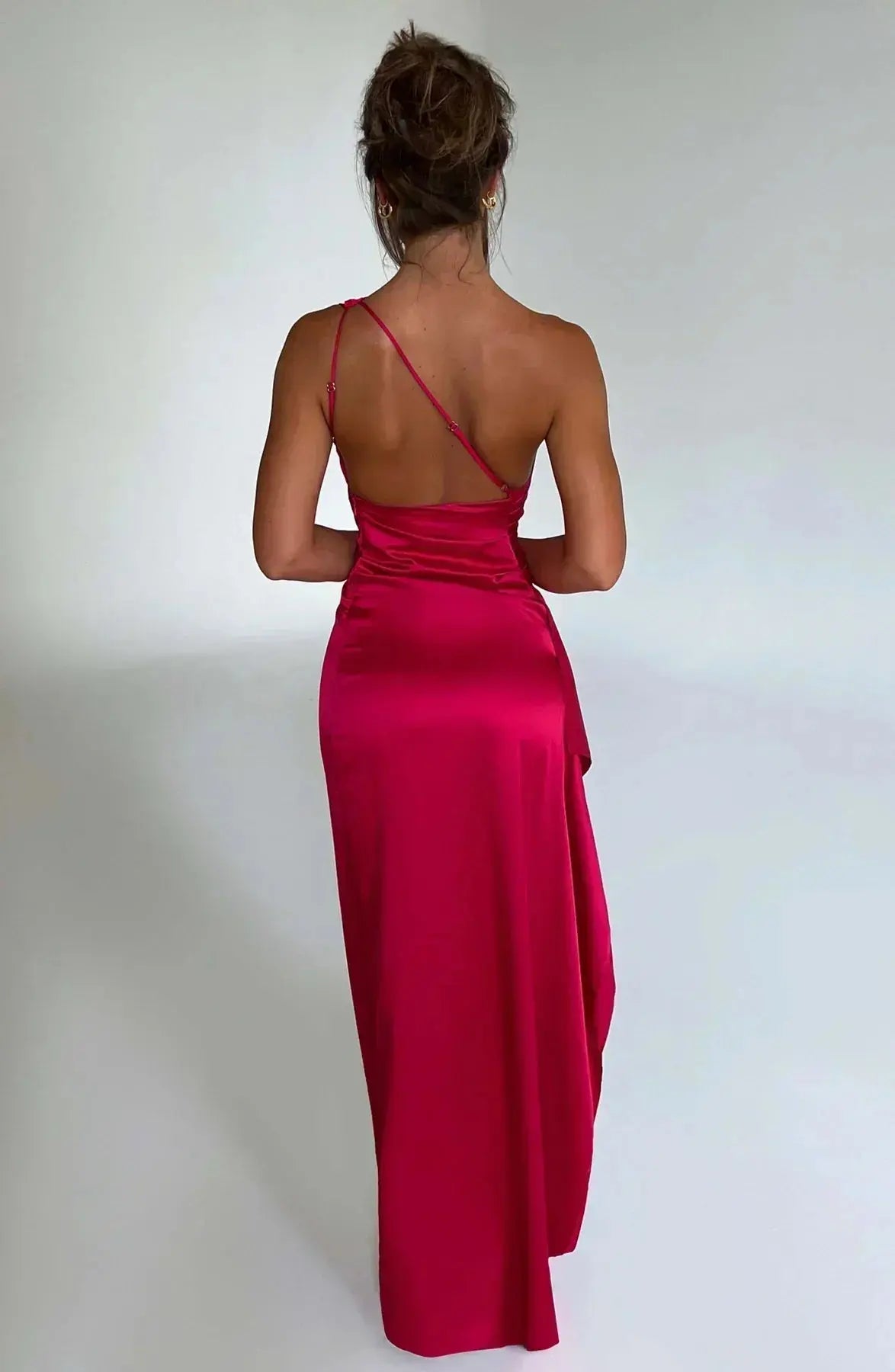 One-Shoulder Satin Maxi Dress with Ruched Waist and High Slit Mewe London