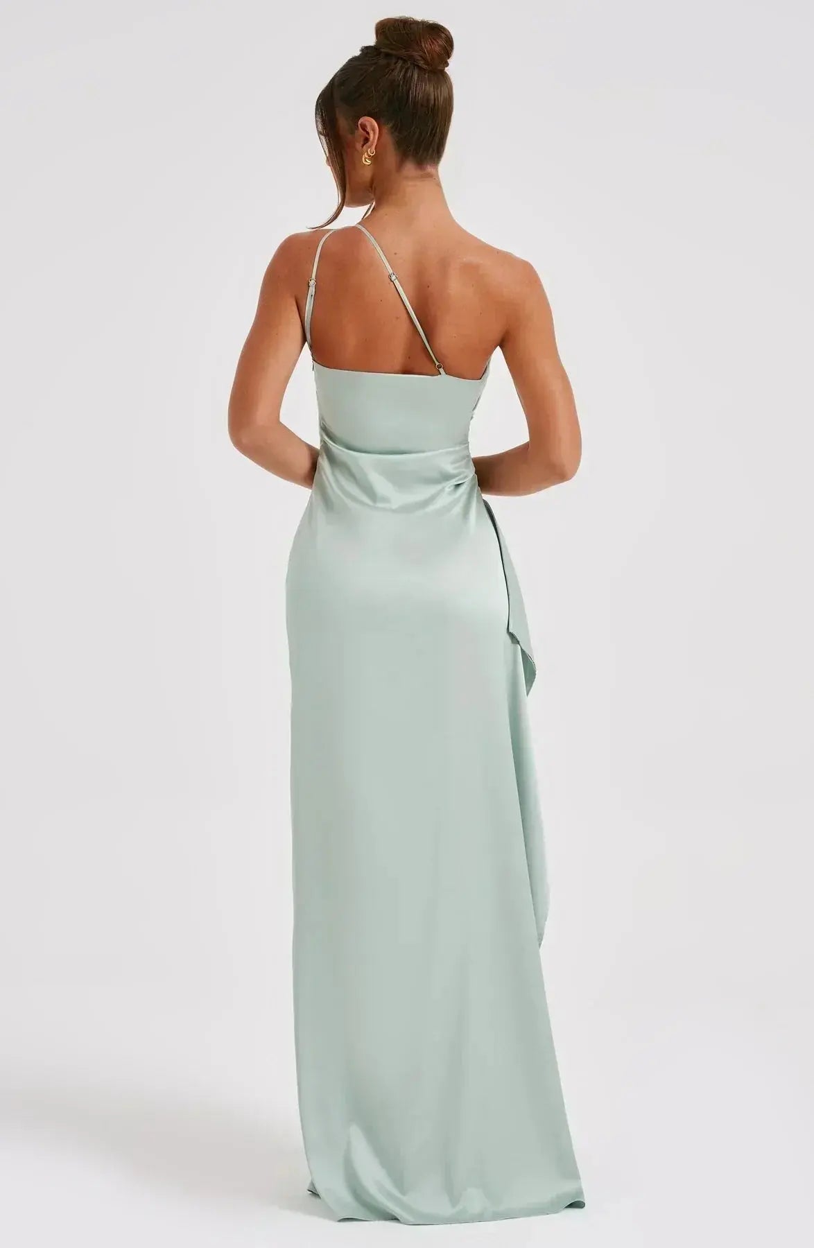 One-Shoulder Satin Maxi Dress with Ruched Waist and High Slit