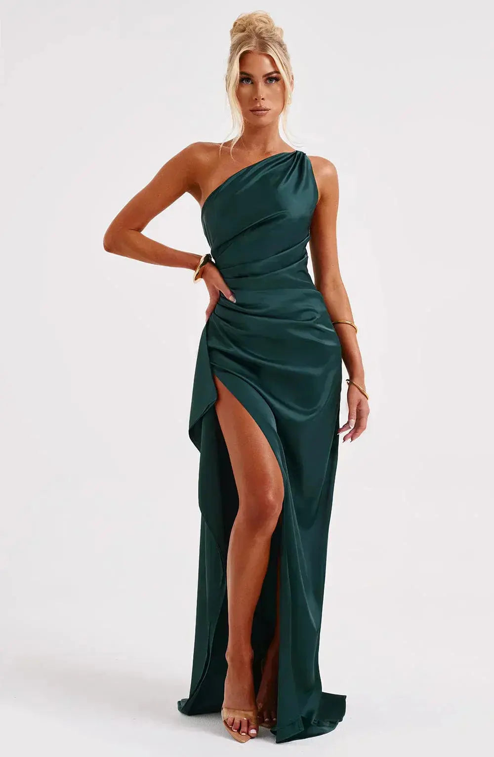 One-Shoulder Satin Maxi Dress with Ruched Waist and High Slit Mewe London