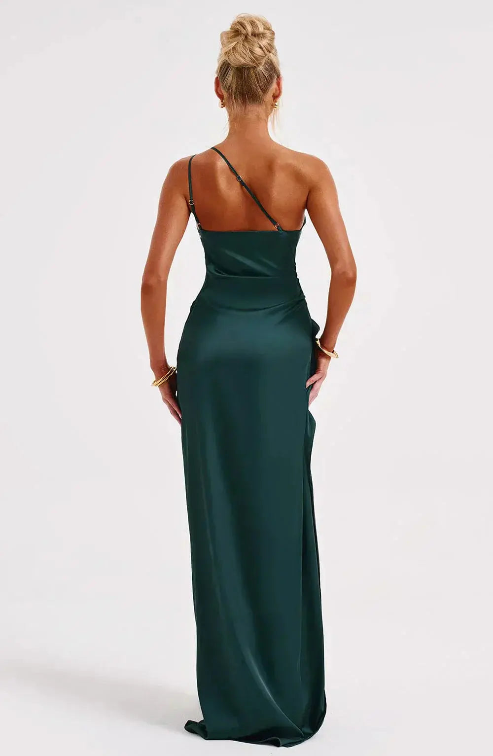 One-Shoulder Satin Maxi Dress with Ruched Waist and High Slit