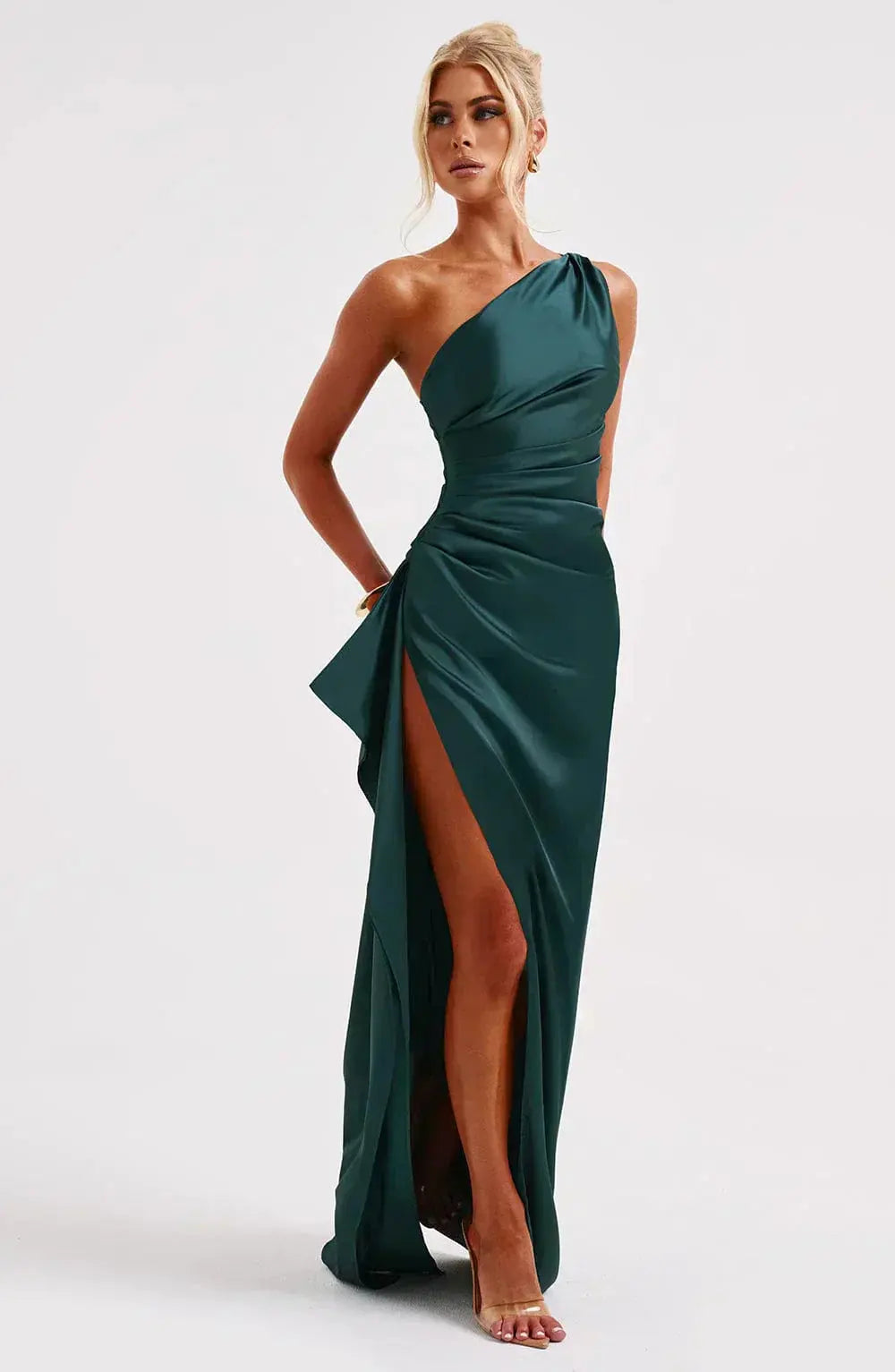 One-Shoulder Satin Maxi Dress with Ruched Waist and High Slit Mewe London