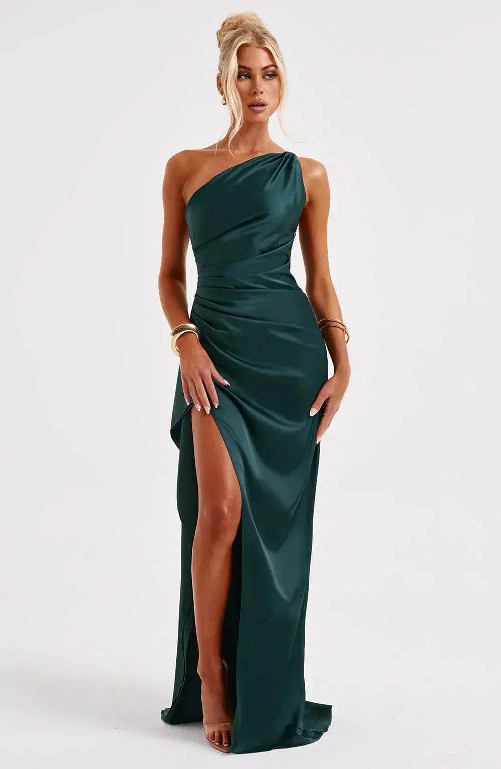 One-Shoulder Satin Maxi Dress with Ruched Waist and High Slit