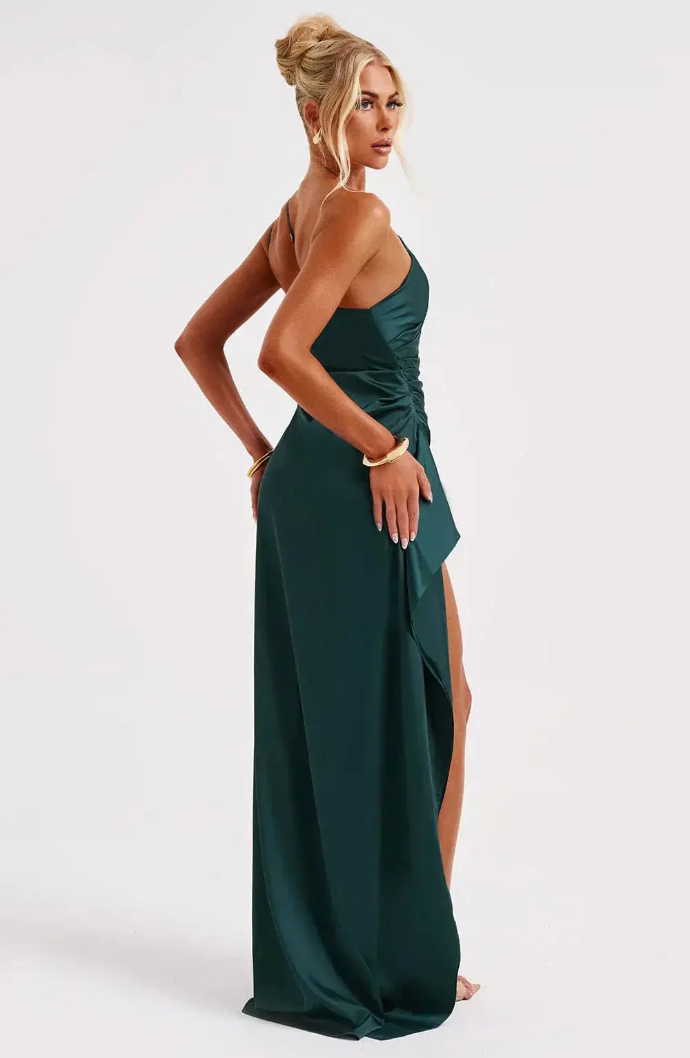 One-Shoulder Satin Maxi Dress with Ruched Waist and High Slit