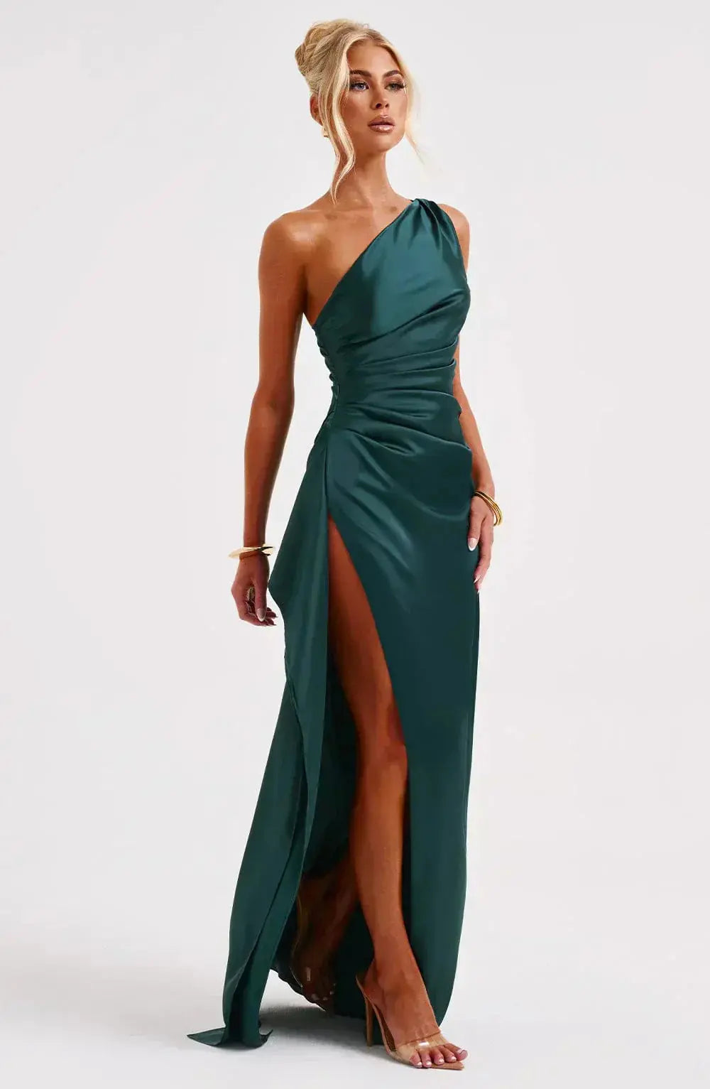 One-Shoulder Satin Maxi Dress with Ruched Waist and High Slit Mewe London