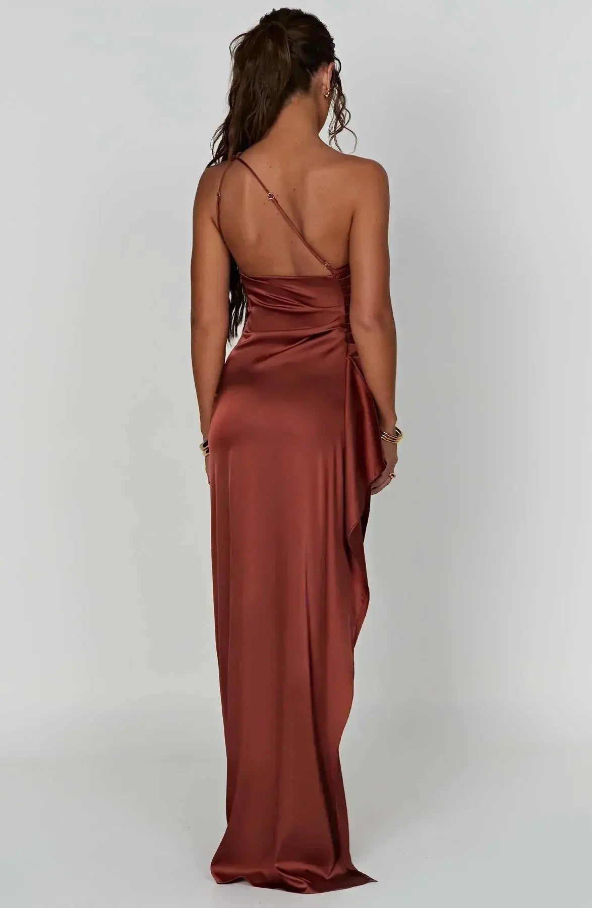 One-Shoulder Satin Maxi Dress with Ruched Waist and High Slit
