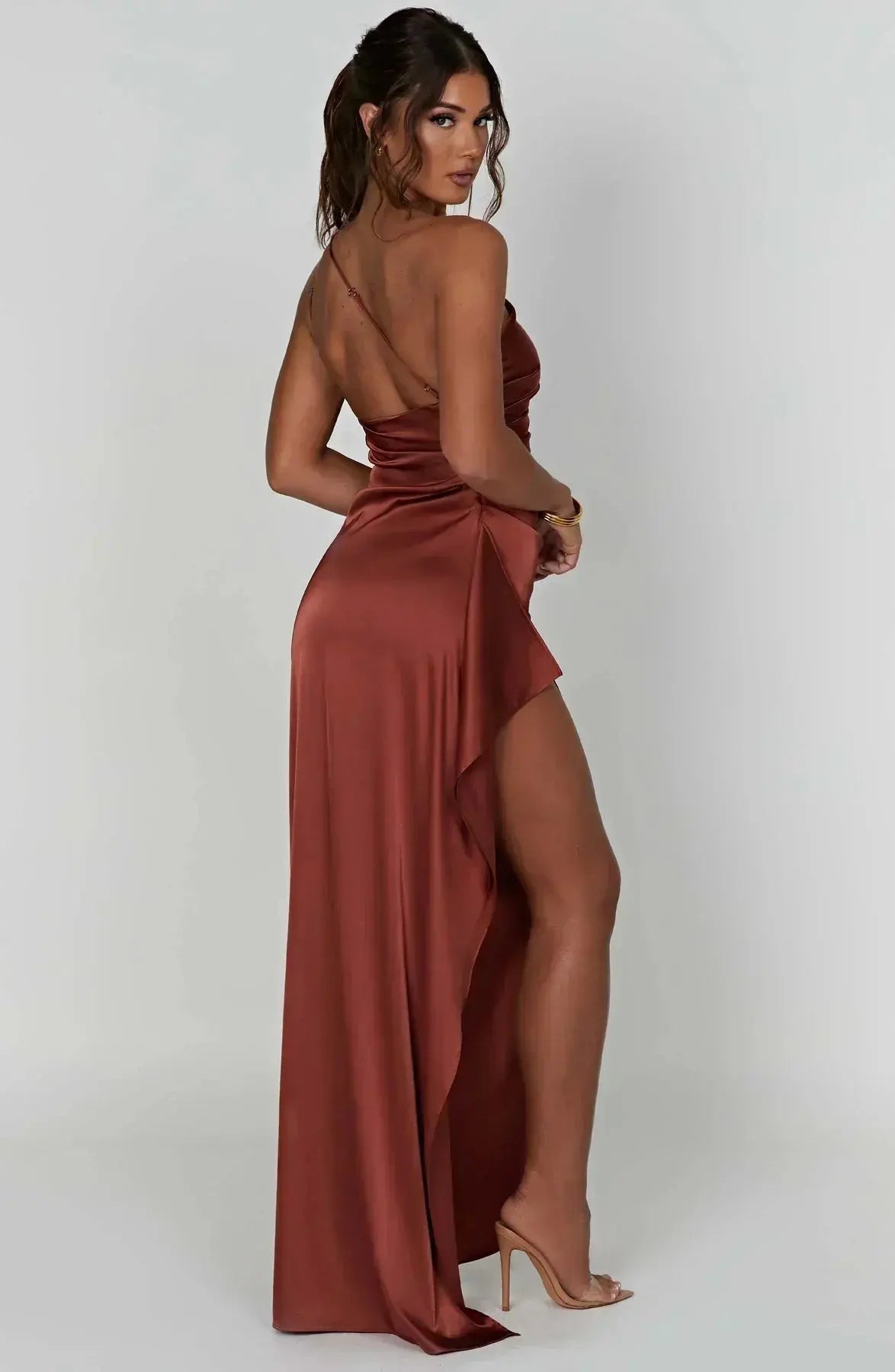 One-Shoulder Satin Maxi Dress with Ruched Waist and High Slit Mewe London