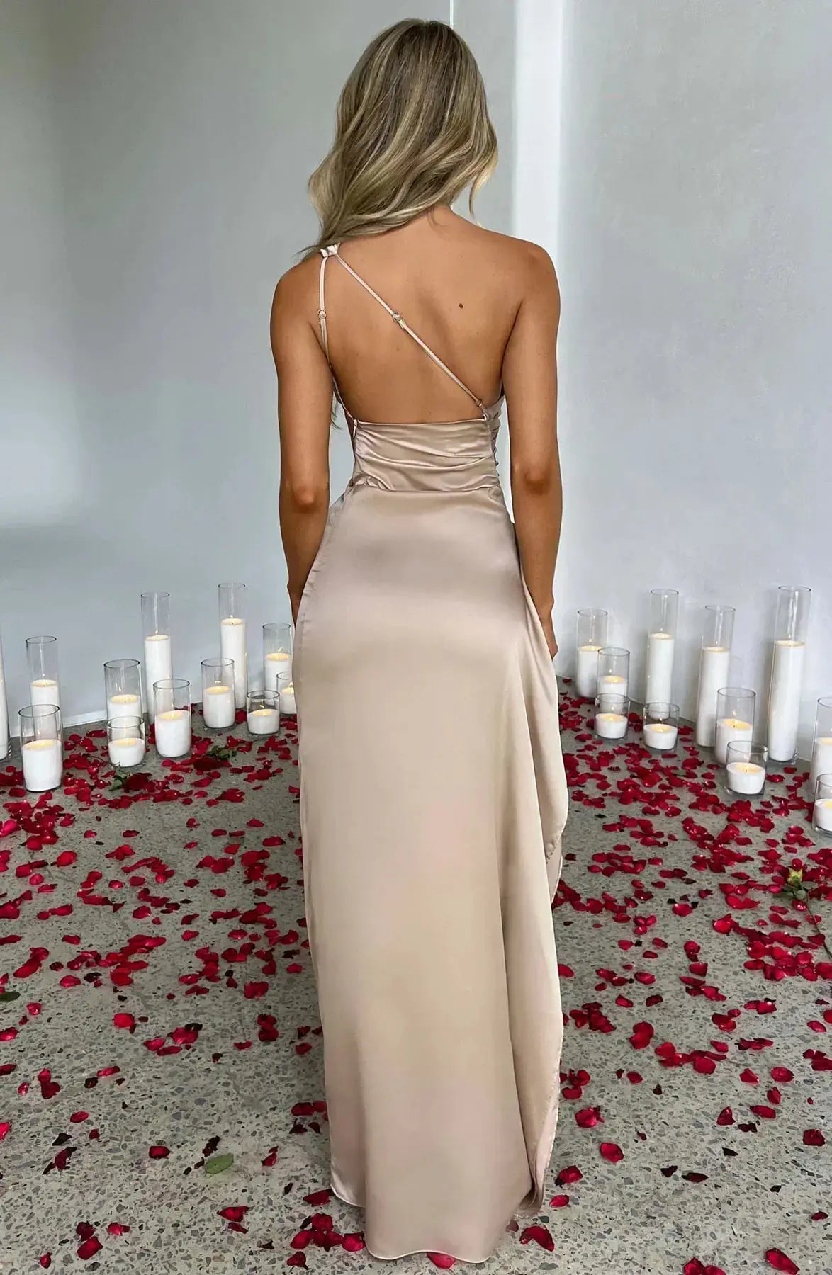 One-Shoulder Satin Maxi Dress with Ruched Waist and High Slit