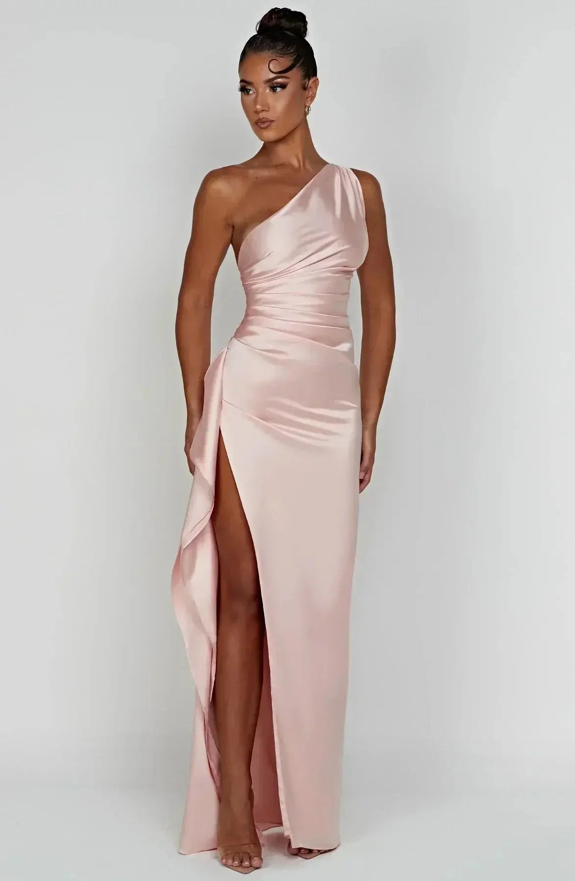 One-Shoulder Satin Maxi Dress with Ruched Waist and High Slit