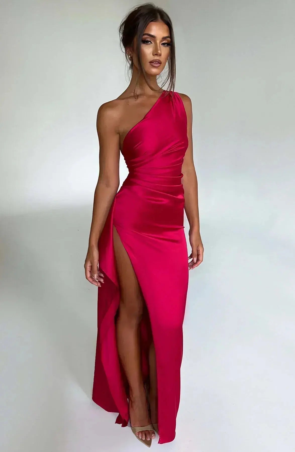 One-Shoulder Satin Maxi Dress with Ruched Waist and High Slit