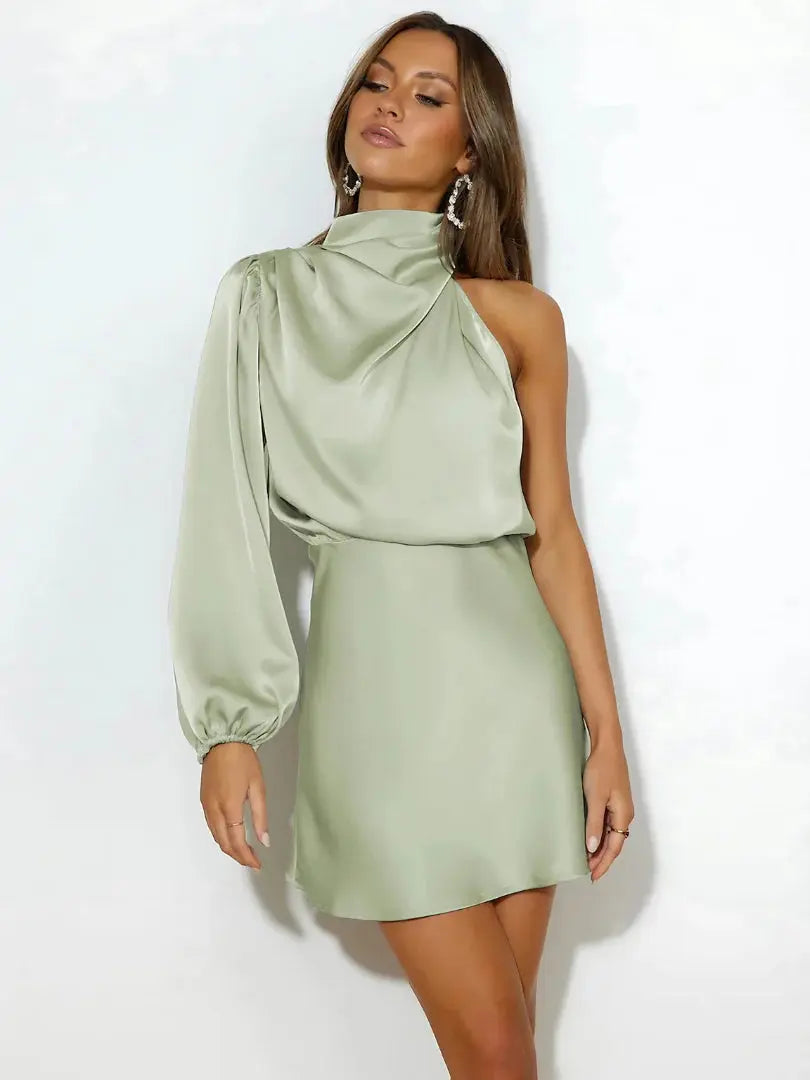 One-Shoulder Satin Mini Dress with High Neck and Long Sleeve