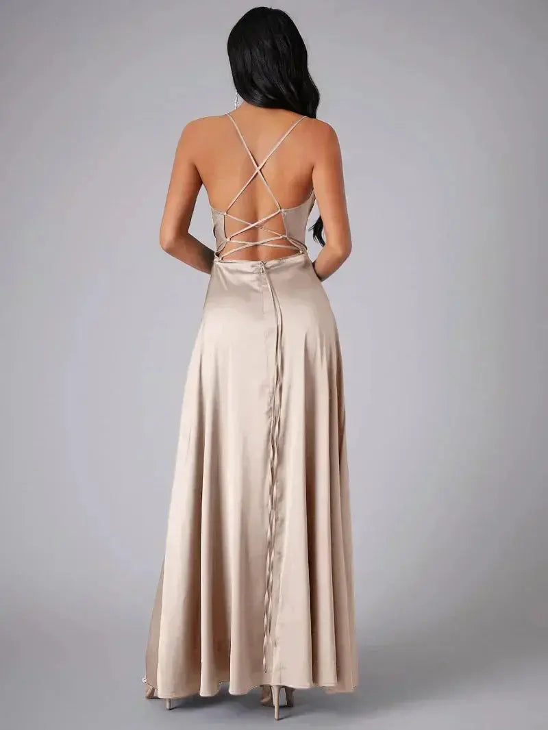 Satin Cowl Neck Maxi Dress with Adjustable Straps and Side Slit