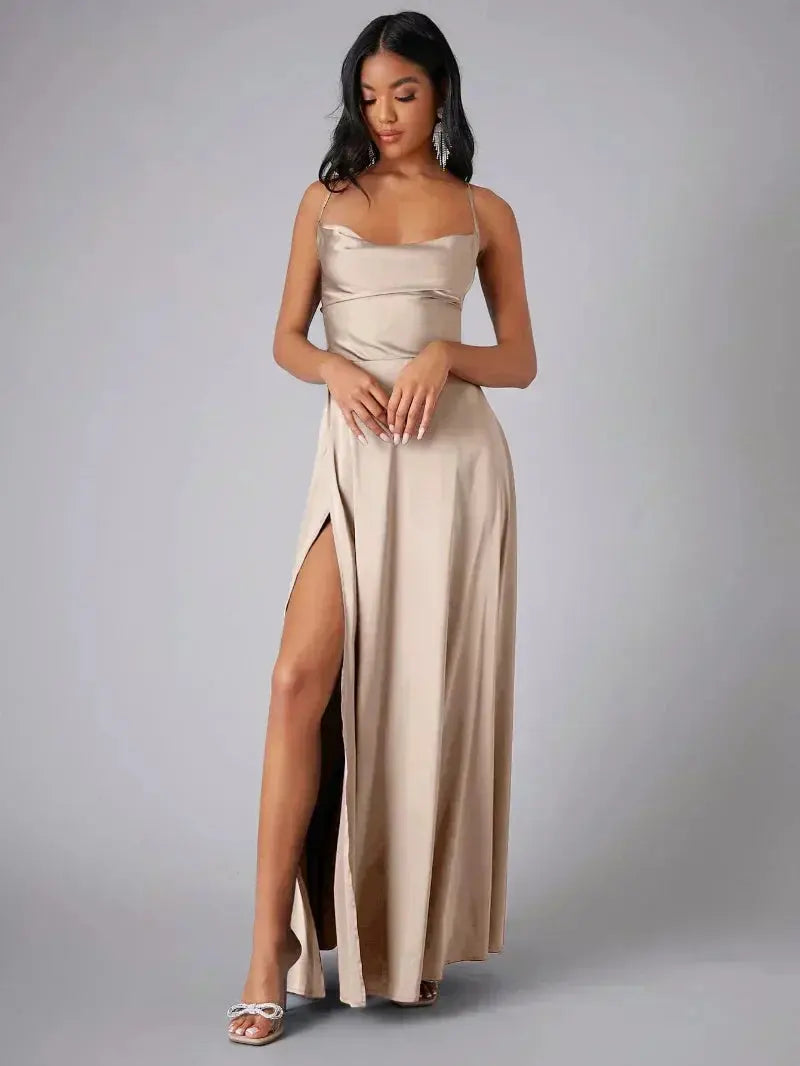 Satin Cowl Neck Maxi Dress with Adjustable Straps and Side Slit Mewe London