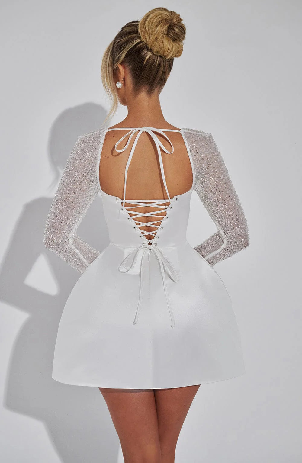 Satin Mini Dress with Rhinestone Mesh Sleeves and Square Neckline