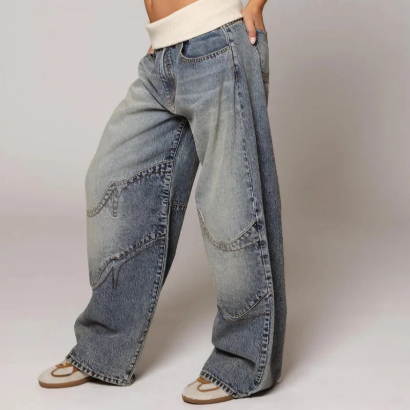 MEWE | Baggy Wide Leg Denim Trousers with Ribbed Waistband
