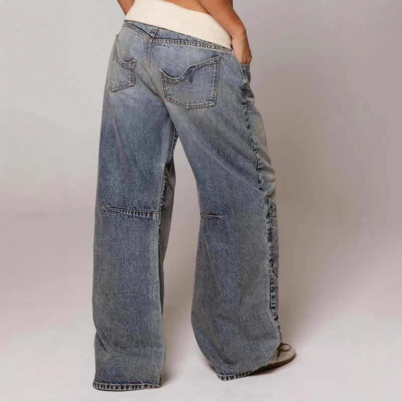 MEWE | Baggy Wide Leg Denim Trousers with Ribbed Waistband