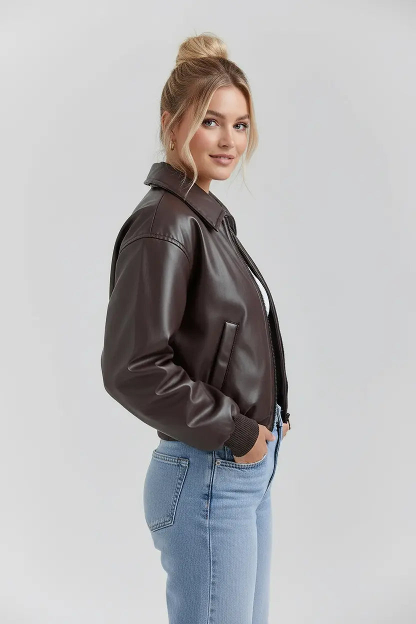 MEWE | Vegan Leather Bomber Jacket with Zip Front and Elastic Hem Mewe London