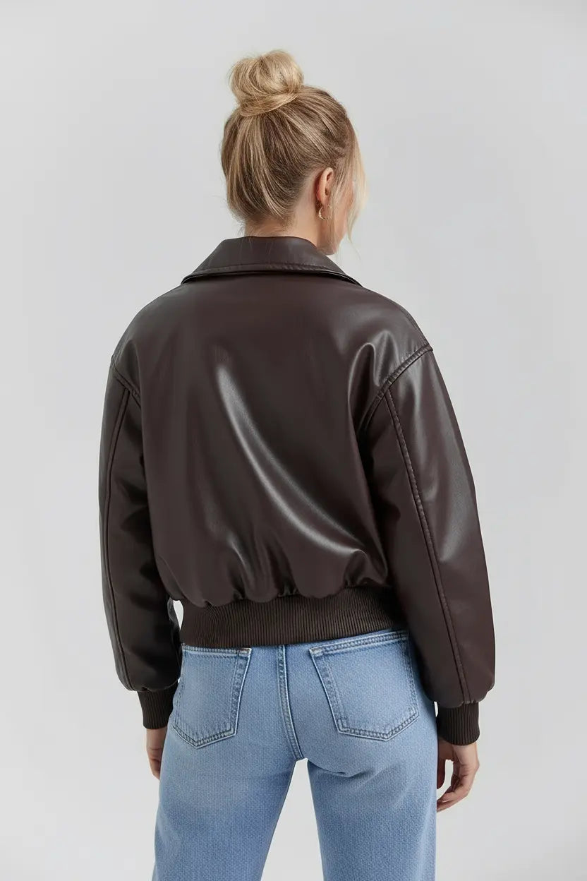 MEWE | Vegan Leather Bomber Jacket with Zip Front and Elastic Hem Mewe London