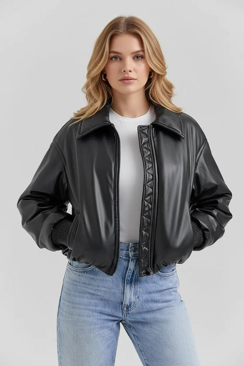 MEWE | Vegan Leather Bomber Jacket with Zip Front and Elastic Hem Mewe London