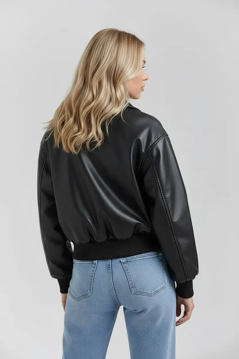 MEWE | Vegan Leather Bomber Jacket with Zip Front and Elastic Hem Mewe London