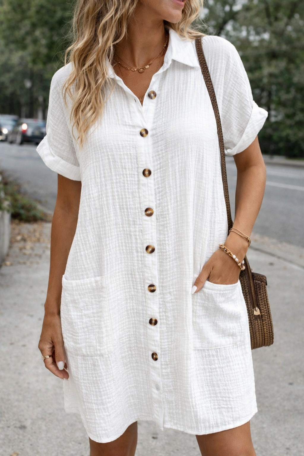 MEWE | Button Front Shirt Dress with Short Sleeves and Collar Mewe London