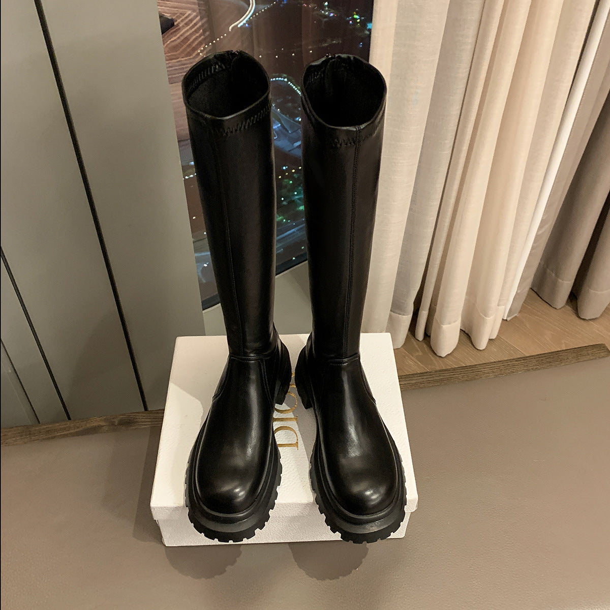 MEWE | Chunky Knee-High Platform Boots with Back Zip